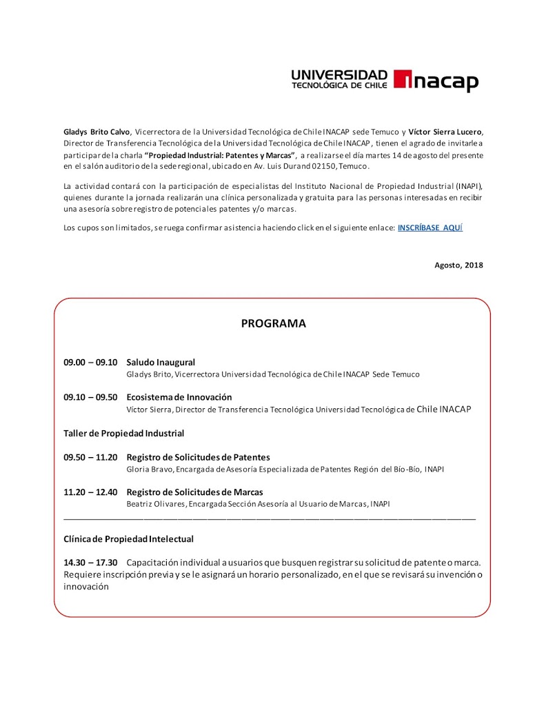 Inacap Temuco te invita a Charla “Propiedad Industrial: Patentes y Marcas”